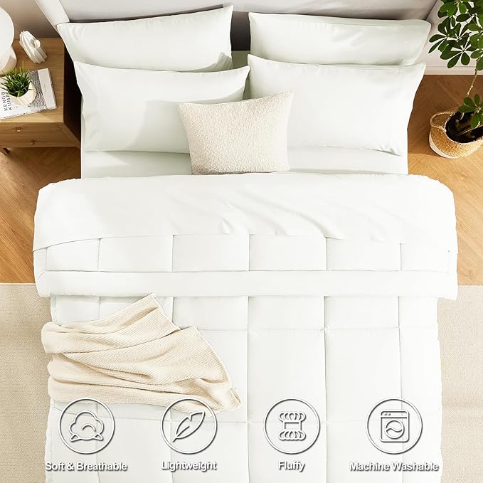 CozyLux Queen Comforter Set Ivory - 7 Pieces Bed in a Bag, Ivory Comforters Queen Size, Bedding Sets with All Season Quilted Comforter, Flat Sheet, Fitted Sheet, Pillowcases