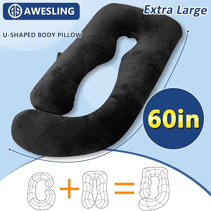 Shredded Memory Foam Body Pillow, Pregnancy Pillows for Sleeping, Maternity Pillow for Pregnant Women, Memory Foam Filling U Shaped Body Pillow with Velvet Cover (Black, 60 inch)