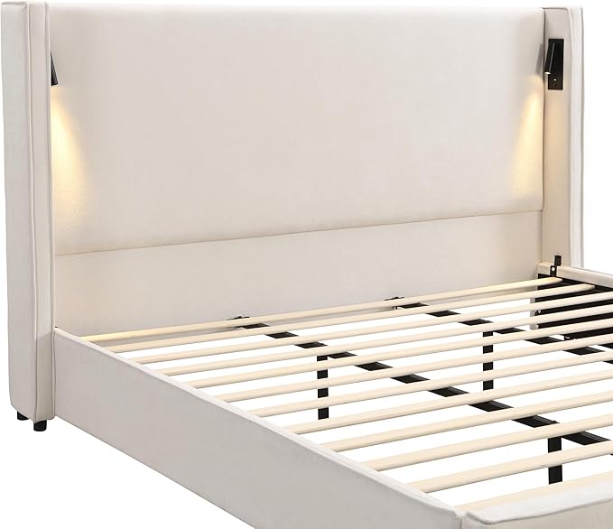 Christopher Knight Home Hazel 49.20" H King Headboard Bed, Upholstered King Size Bed, Slats Panel Support Platform, No Spring Box Needed, Wingback Headboard with Reading Lamps and USB, Beige