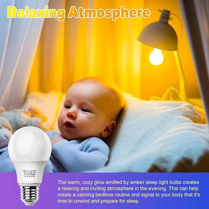 Amber Sleep Light Bulbs, Blue Light Blocking, A19 3W(40 Watt Equivalent) Dim Light Bulbs for Lamp, 1800K Warm Light Bulb, E26 for Healthy Sleep, Bedroom, Kids Room, 2 Pack