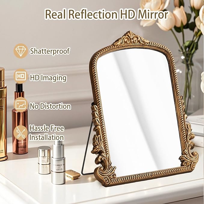 Small Vintage Vanity Makeup Desk Mirror, Antique Traditional Arch Table Mirror in Gold, Decorative Wood Carved Mirror for Living Room Bedroom Tabletop 11.8" x 9.6"