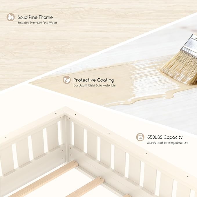Bellemave Queen Floor Bed Frame with Fence & Bookshelf, Solid Pinewood Montessori Floor Bed Frame Queen with Slats Load 550LBS, Low Floor Bed for Kids, Bedroom, Nursery, Easy Assembly, Beige
