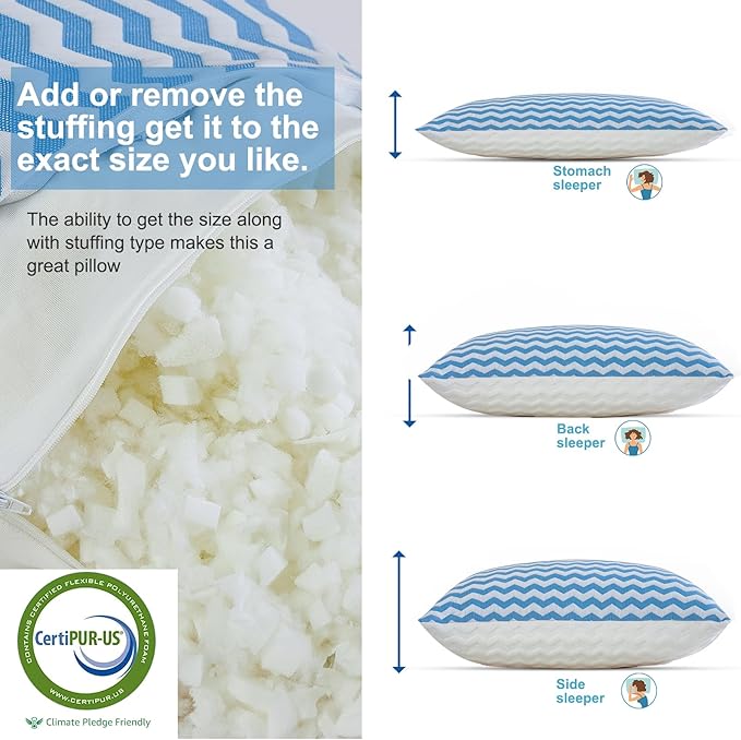 Pillows Standard Size - Adjustable Firm Pillow for Back Stomach and Side Sleeper - Shredded Memory Foam Cooling Pillow for Neck and Shoulder Pain with Washable Cover and Bonus Foam Fill
