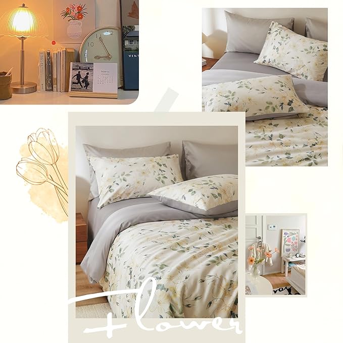 VM VOUGEMARKET Silky Sateen Cotton Duvet Cover Set King,Vintage Magnolia Flower Duvet Cover with Zipper Closure,Soft Breathable Bedding Set for Elegant Bedroom Atmosphere