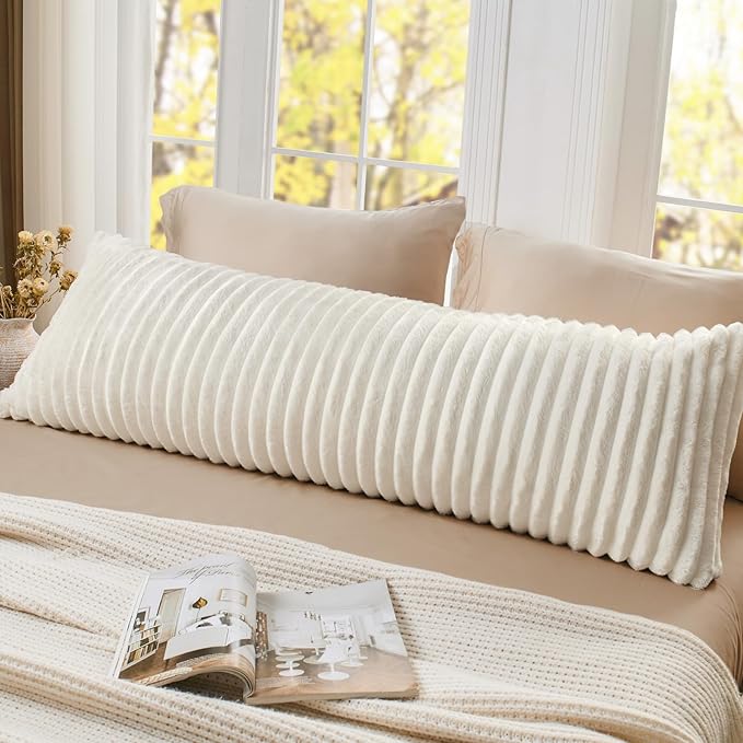 BEDELITE Fluffy Faux Fur Body Pillow Cover with Zipper, Luxury Plush 3D Striped Pillow Cover 20x54 Inches, Super Soft and Cozy Long Body Pillow Pillowcase for Bed Sofa Couch Room Decor(Cream White)
