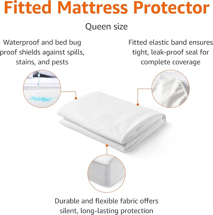 Amazon Basics Waterproof Mattress Protector, Fitted Secure Protection, Queen, White