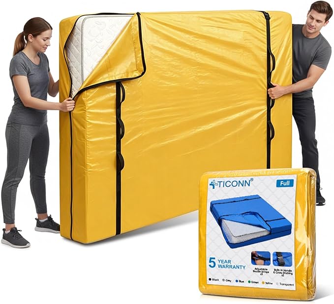 TICONN Mattress Bags for Moving, Heavy Duty Full Mattress Cover Storage Bag with Full-Around Handle and Adjustable Buckles (Yellow, Full)