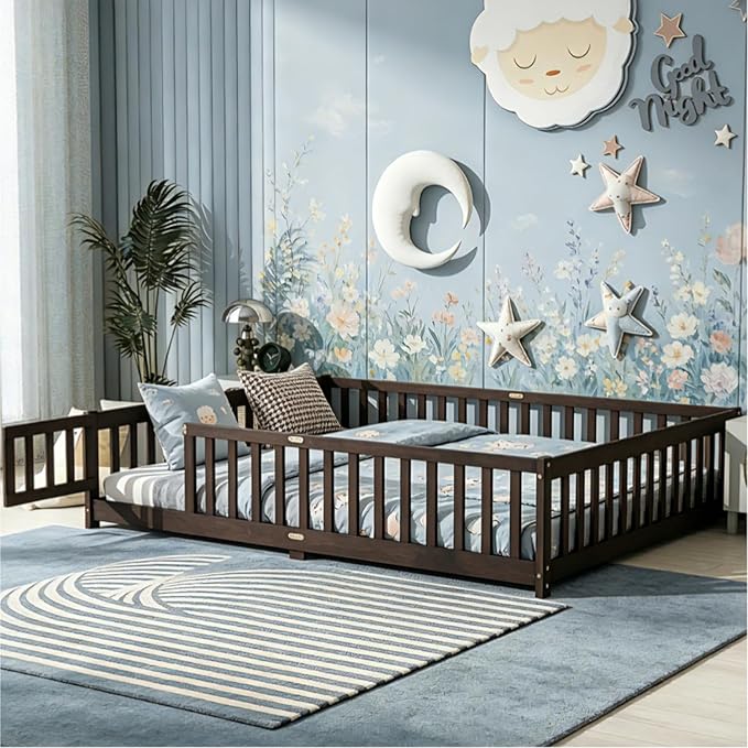 Bellemave Queen Floor Bed Frame with Rails and Door, Solid Wood Montessori Queen Size Floor Bed, Low Profile Montessori Beds with Removable Slats, Espresso
