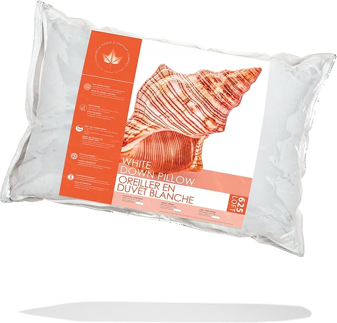Canadian Down & Feather Co. – 1 Pack Soft 625 Fill Power White Down Sleeping Pillow King Size - 500 Thread Count Shell 100% Cotton - Made in Canada