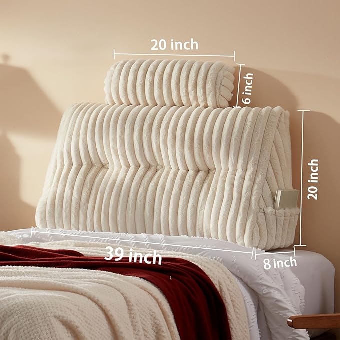 Rycwola Faux Fur Headboard Pillow with 1 Pack Neck Roll Pillow Large Headboard Pillow Soft and Supportive with Removable Cover (Beige, Twin)