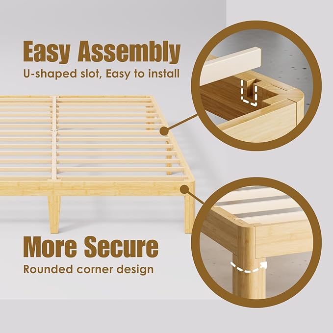 12 Inch High Bamboo Wood King Size Bed Frame Platform, Steel Slat Support King Bed Frame, No Box Spring Needed, Easy Assembly, Noise Free, Sturdy