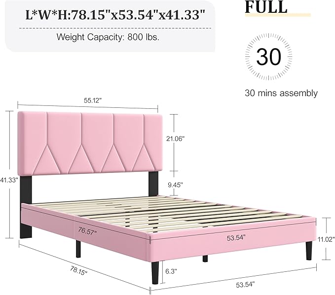Full Bed Frame, Padded Platform Bed Frame with Velvet Headboard, Vertical Quilted Design, Sturdy Slatted Mattress Base, No Spring Mattress Required, Easy to Assemble, Pink
