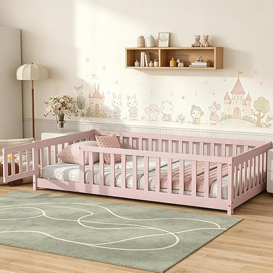 Bellemave Montessori Twin Floor Bed Frame with Fence and Removable Door, Low Profile Twin Size Montessori Bed Frame for Kids, Solid Wooden Floor Beds with Slats for Bedroom,Nursery, Pink