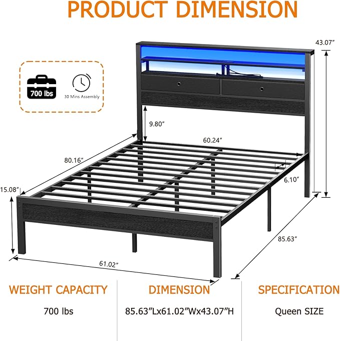 Furnulem Queen Bed Frame with Headboard, 3-Tier Storage Shelves & 2 Fabric Drawers, Built-in Charging Station & RGB LED Lights, Metal Slat Support, No Box Spring Needed, Easy Assembly, Black Oak
