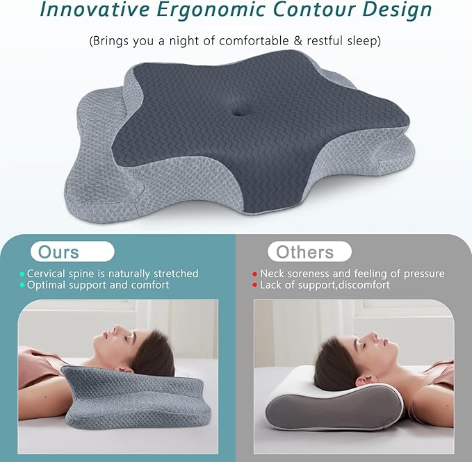 CHxxy Cervical Pillow for Neck Pain Relief, Memory Foam Pillows, Ergonomic Contour Bed Pillow, Soft for Side Sleep Stomach Sleeping and Back Sleepers-Queen Size Grey&Grey