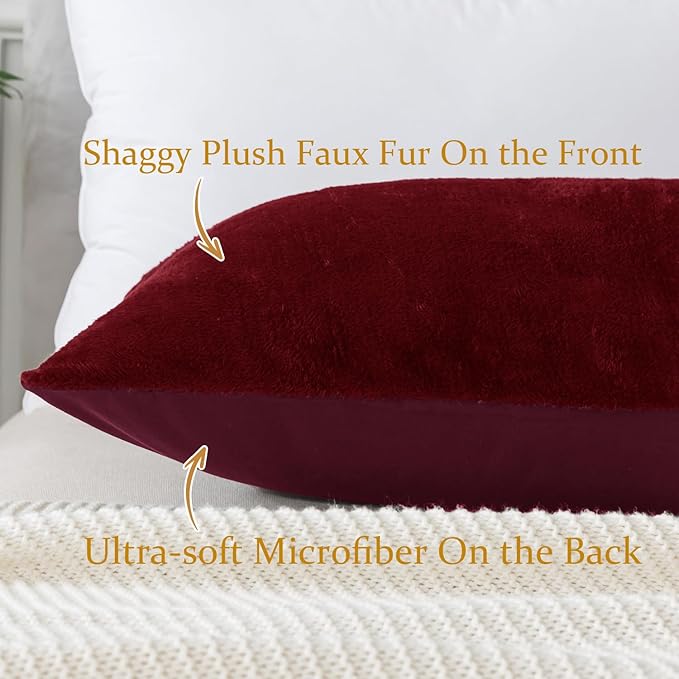 Whatsbedding Sherpa Body Pillow Cover, Ultra Soft Faux Fur Body Pillowcase, Luxury Shaggy Plush Long Pillowcase, Envelope Closure - Burgundy Red (20x54 inch)