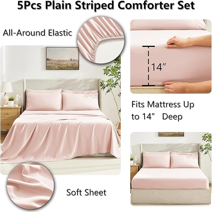 CozyLux Twin Comforter Set with Sheets Blush Pink, 5 Pieces Bed in a Bag, Pink Comforter Twin Size, All Season Bedding Set with Stitch Quilted Comforter, Flat Sheet, Fitted Sheet, Pillowcases