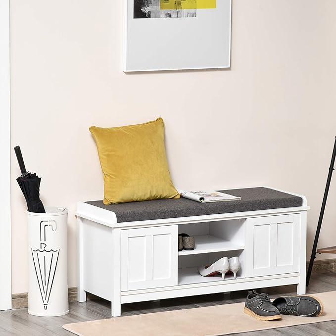HOMCOM Entryway Shoe Bench Storage Ottoman with Sliding Doors, Adjustable Shelving, 6 Compartments, and Padded Seat, Holds 10 Pairs, White