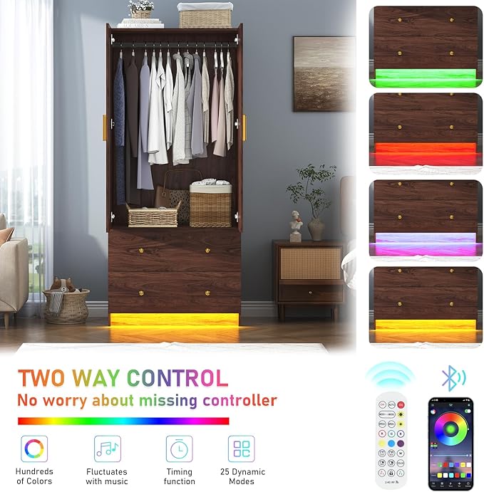 chartustriable 2 Doors Armoire Wardrobe Closet with Mirror, LED Closet with Doors and Drawers, Wooden Wardrobe Storage Cabinet with Hanging Rod, Small Armoire, Brown