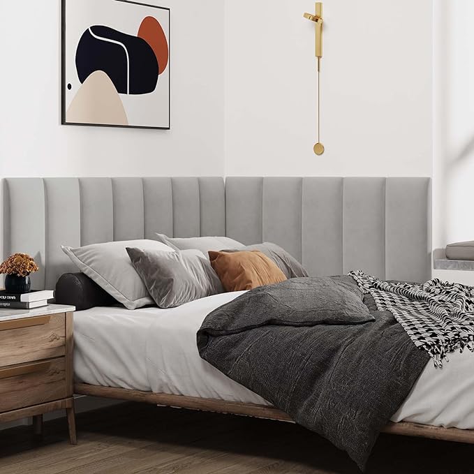 IFNOW Wall Mounted Upholstered Headboard Queen, 3D Peel and Stick Soundproof Panels, Reusable and Removable Padded Leather Bed Headboard, 9 Panels 9.84" x 23.62", Light Grey