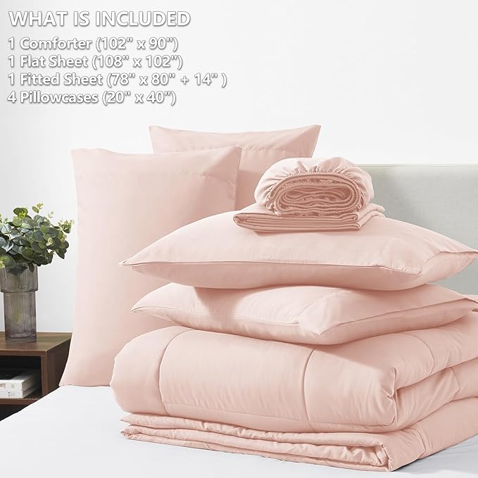 CozyLux King Size Comforter Set Blush Pink, 7 Pieces Bed in a Bag, Pink Comforter King Size, All Season Bedding Sets with Stitch Quilted Comforter, Flat Sheet, Fitted Sheet, Pillowcases