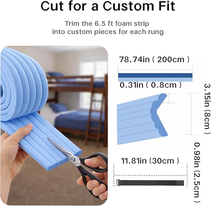 Bunk Bed Ladder Pads 6.5 Ft with 10 Adjustable Straps, Soft Foam Ladder Cover for Loft Bed, Cushioned Step Pads for Comfortable Climbing, Secure Fit, Blue