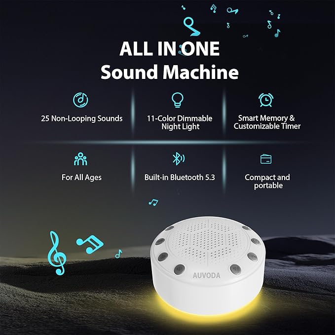 S318 Sound Machine, White Noise Sound Machine for Sleep, Baby, Kids, Adults, Home, Office, Travel, Portable, 25 Non-Looping Sounds, 11-Color Night Light, Memory & Timer, BT5.3, Rechargeable