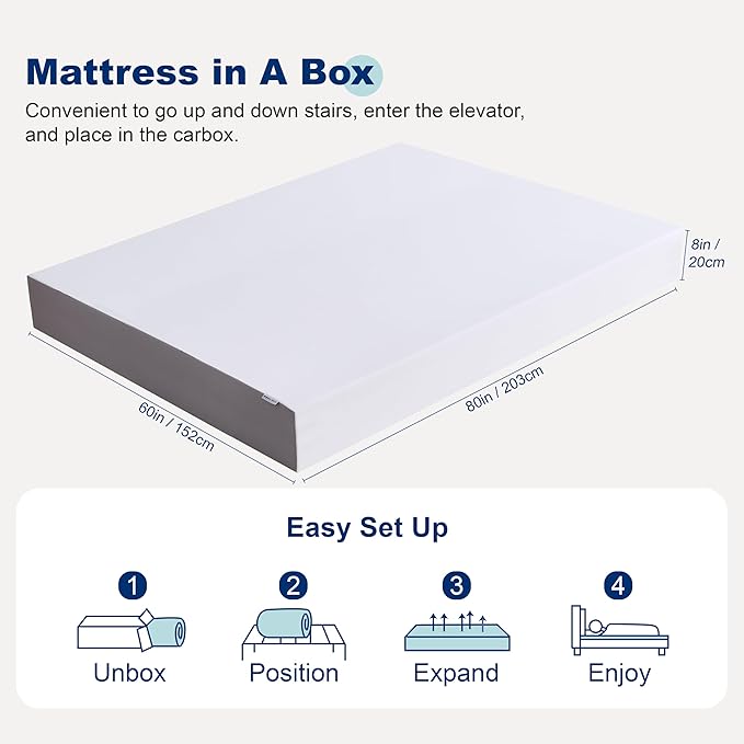 Amazon Basics Medium Firm Memory Foam Mattress, Breathable, 8 Inch, Queen, White/Grey