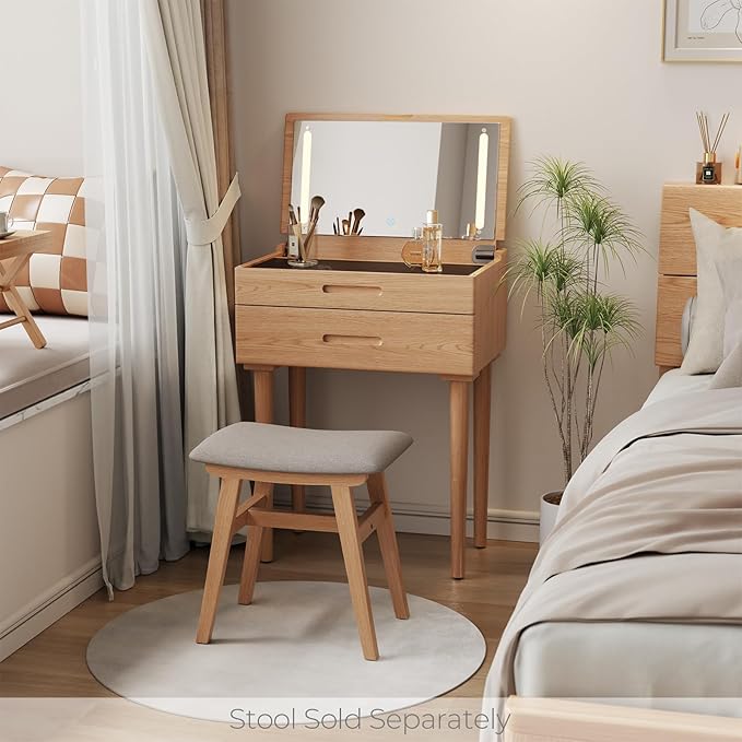 Muwuele Solid Wood Small Vanity Desk with Mirror and Lights, Narrow Makeup Vanity for Small Space, Flip Top Vanity Side Table, 3 Color Modes & Adjustable Brightness, 23.6" Slim Dressing Table, Natural