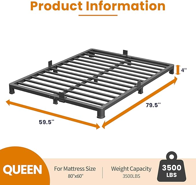 NKZ Queen Platform Bed Frame 4 Inch, Heavy Duty Metal Low Profile Bed Frame with Round Corner Legs, 3500lbs Weight Capacity Reinforced Frame, No Box Spring Needed，Noise-Free, Easy Assembly