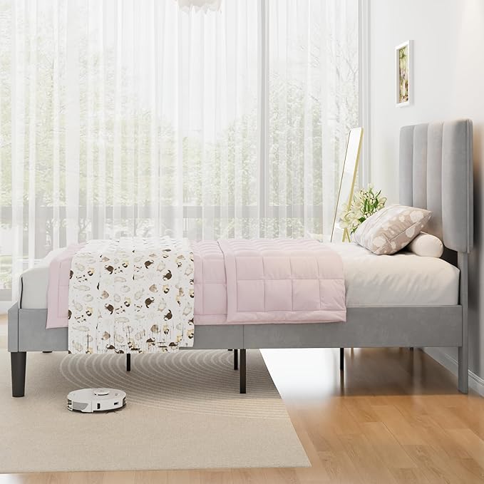 VECELO Twin Size Bed Frame with Upholstered Headboard, Heavy-Duty Bedframe with Wooden Slats & Steel Framework, Easy Assembly, Light Grey