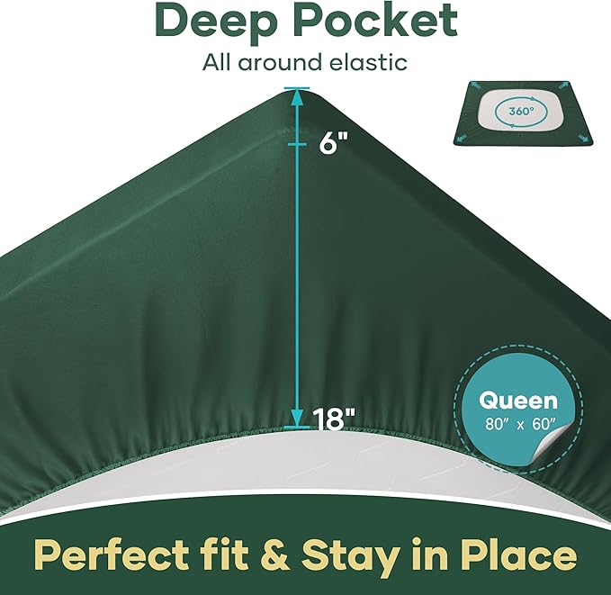 OhGeni 100% Waterproof Mattress Protector, Queen Size Green, Fitted Sheet with Deep Pockets, 6''-18'', Premium Noiseless Breathable Soft Material, Mattresses Cover for Bed
