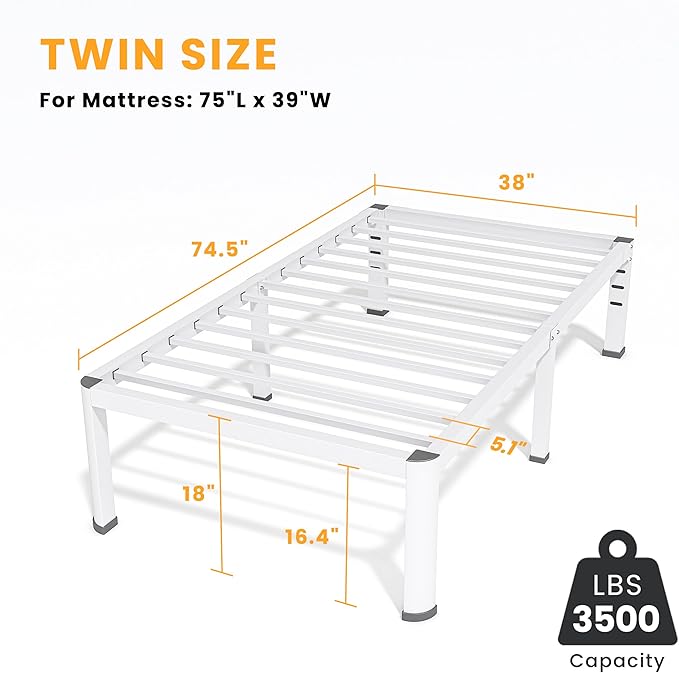 Superay 18 Inch Twin Size Metal Bed Frame with Round Corners, Storage Space Under High Bed Frame-Heavy Duty Steel Slats Support, Noise Free - Easy Assembly - No Box Spring Needed,White
