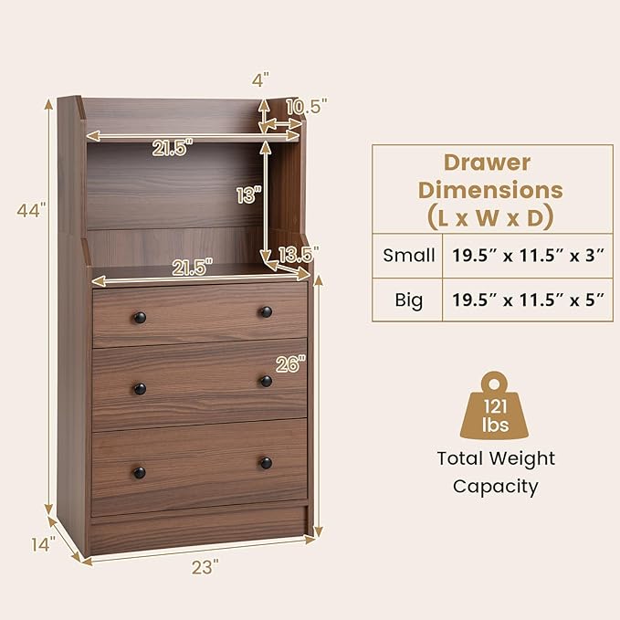 Tall 3 Drawers Dresser, Wood Chest of Drawers with 2 Open Shelves, Modern Nightstand with Anti-Toppling Device, Home Storage Cabinet Dresser Closet for Bedroom, Living Room, Entryway (Walnut)