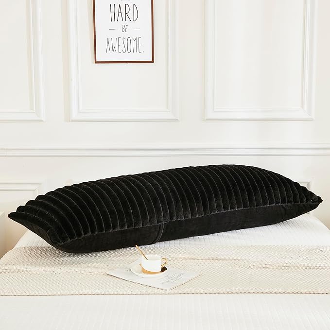 JAUXIO Faux Fur Fluffy Body Pillow Cover Luxury Textured Vertical Stripe Plush Decorative Body Pillowcase, Ultra Soft and Cozy Zipper Closure 21 x 54 Inches, Black