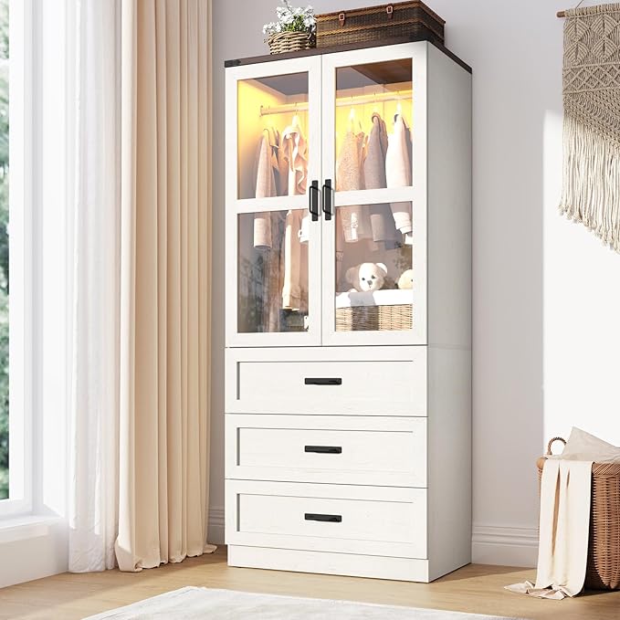 75" Tall Farmhouse 2 Doors Armoire Wardrobe Closet with 3 Drawers and LED,Freestanding Closet Wardrobe Cabinet for Bedroom with Hanging Rod,Wooden Armoire Storage Cabinet Adjustable(Rustic Off White)