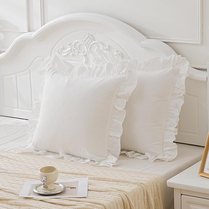 Vintage Off White Ruffle Euro Shams Shabby Farmhouse Pillow Cover 100% Washed Cotton Pillowcases Set of 2-26"x26" White