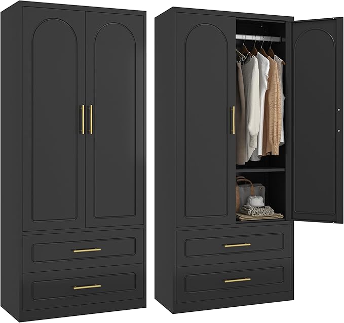 Metal Wardrobe Cabinets with Drawers,Black Armoire Wardrobe Closet with Hanging Rod,Clothes Storage Cabinet with Adjustable Shelves and Doors,Clothing Cabinet for Bedroom, Office, Laundry Room