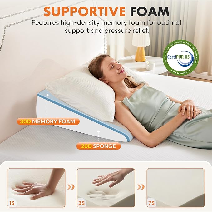 Sweetcrispy 7.5 Inch Wedge Pillow, Body Pillow for Snoring, Sleep Apnea, Neck Pain Relief, Post Surgery, Sleeping Comfort, White & Gray