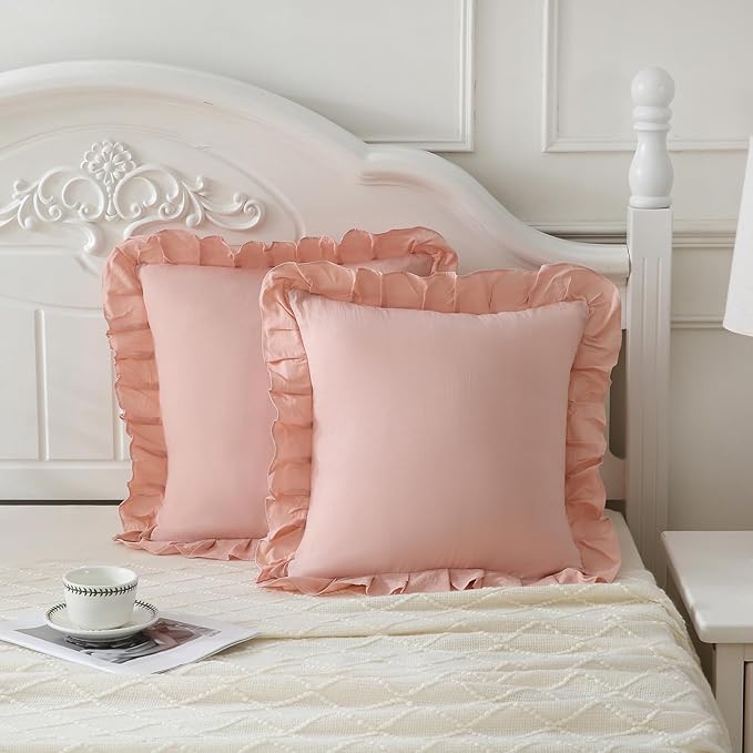 Merryword Pink Pillowcases 18x18 Cute Throw Pillow Covers Pack of 2 Ruffle Pillowcase Cushion for Couch Sofa Bedroom