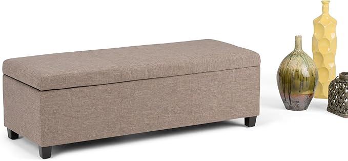SIMPLIHOME Avalon Storage Ottoman Bench - 48" Wide x 16" High Upholstered Linen Look Fabric Rectangular Lift-Top Ottoman in Fawn Brown, Contemporary Bench for Living Room with High-Density Foam
