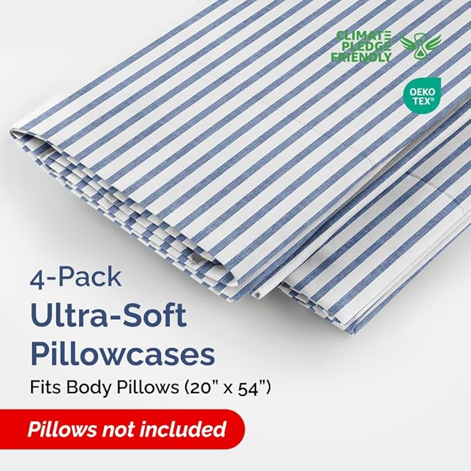 Body Pillowcases Set of 4-20x54 Long Body Pillow Case - Soft Body Pillow Cover for Sleeping & Side Sleepers - Comfy Breathable & Fade Free - Machine Washable w/Envelope Enclosure - (Blue Stripes)