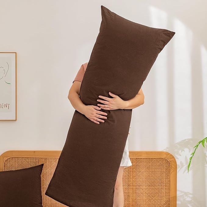 BESTOUCH 100% Washed Cotton Pillowcase for Hair and Skin Linen Feel Soft Comfortable Breathable 1 Pcs Pillow Case with Envelope Closure Solid Cocoa Brown Body 20x54 Inches