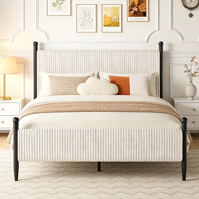 Garvee Full Size Upholstered Bed Frame - with Velvet Headboard, Soft Corduroy Fabric Platform with Wooden Slats Support & Heavy Duty Feet, No Box Spring Needed, Noise Free, Easy Assembly, White