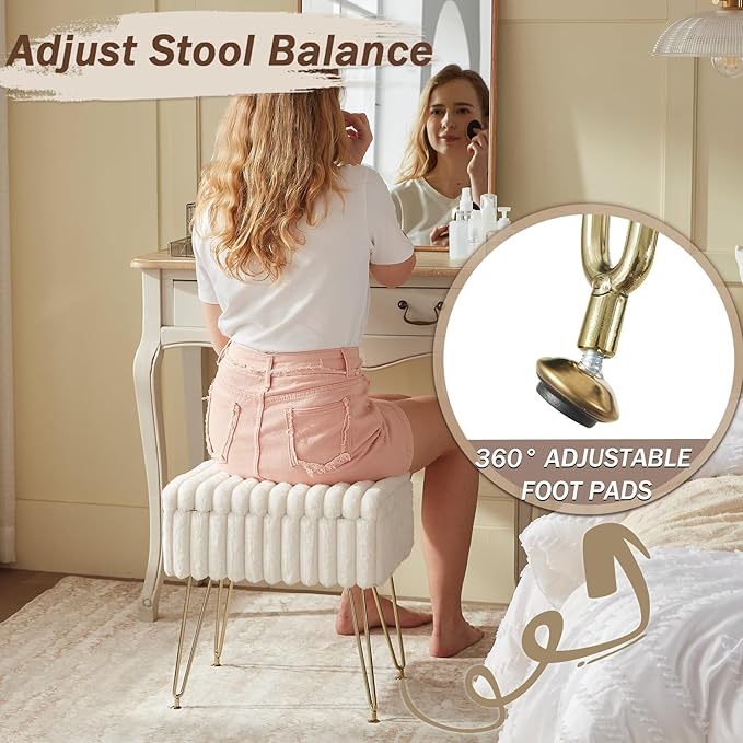 EBENCHICO Vanity Stool Chair with Storage, Faux Fur Stools for Vanity Makeup, Foot Stool Ottoman with 4 Metal Legs, Small Vanity Bench Seat Chairs for Living Room Bedroom