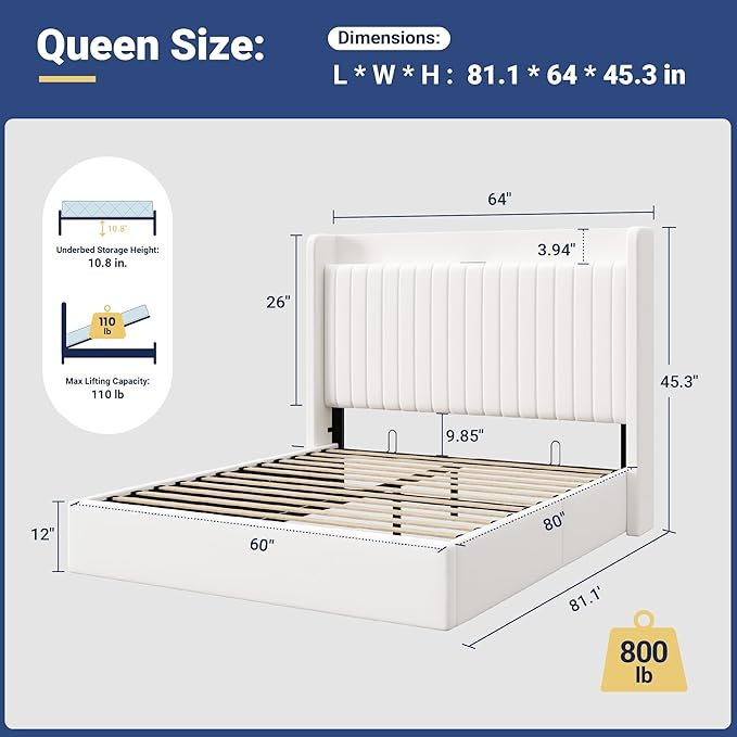 Allewie Queen Size Lift Up Storage Bed Frame,Storage Shelf Headboard with Charging Station,Type-C and USB Ports,Hydraulic Support,Velvet Upholstered Bed Frame,No Box Spring Needed,White