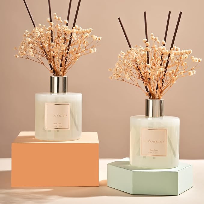 Cocorrína Reed Diffuser Set, 6.7 fl.oz Clean Linen 2 Packs Scented Diffuser with Sticks Home Fragrance Reed Diffuser for Bathroom Shelf Decor