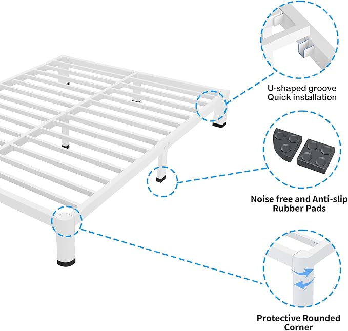 ROIL 4 Inch White Full Bed Frame with Rounded Corner and Mattress Retainers, 3500LBS Heavy Duty Steel Slats No Box Spring Needed Platform Noise-Free Easy Assembly
