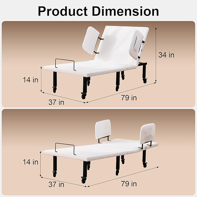 Fromann Twin XL Adjustable Bed Frame with Side Rails for Elders, Adjustable Base with Wheels, Eletric Bed Base Remote & Massage, Zero Gravity, Head and Foot Incline, Nightlights