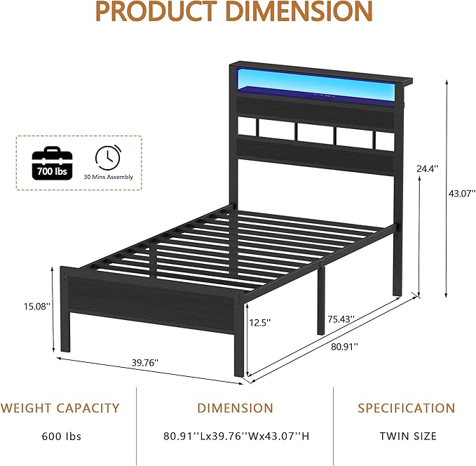Furnulem Twin Bed Frames with Charging Station and LED Lights, Twin Size Platform Bed with Metal Slats, Wood Headboard with 2-Tier Storage Shelves, No Box Spring Needed, Black Oak